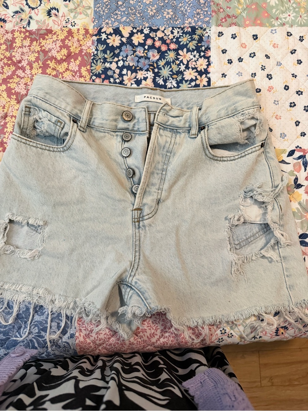 PacSun Light Blue High-Rise Distressed Button-Fly Denim Shorts